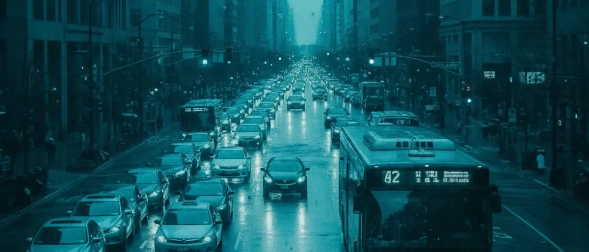 Side-on traffic camera view where a bus in the near lane covers a car in the far lane as both pass the detection zone
