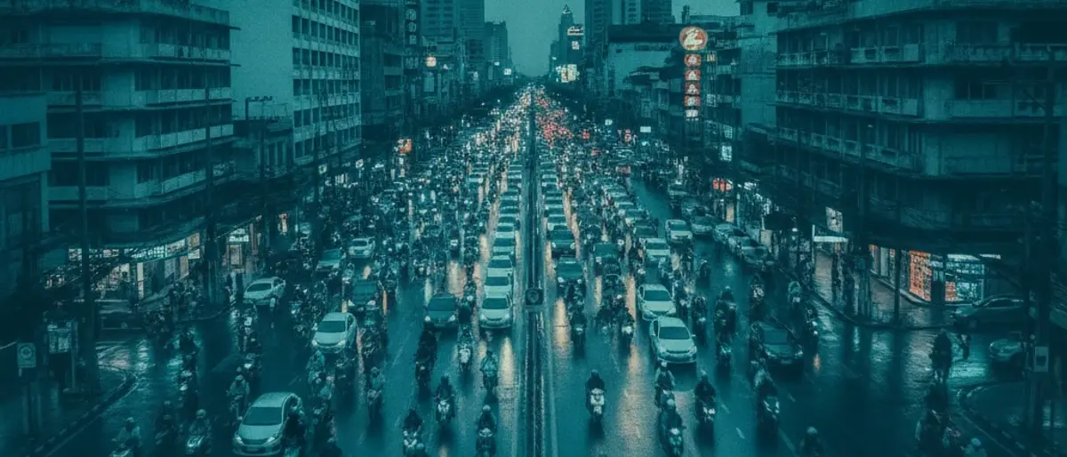 Bangkok road with a cluster of motorbikes and scooters moving through a detection zone