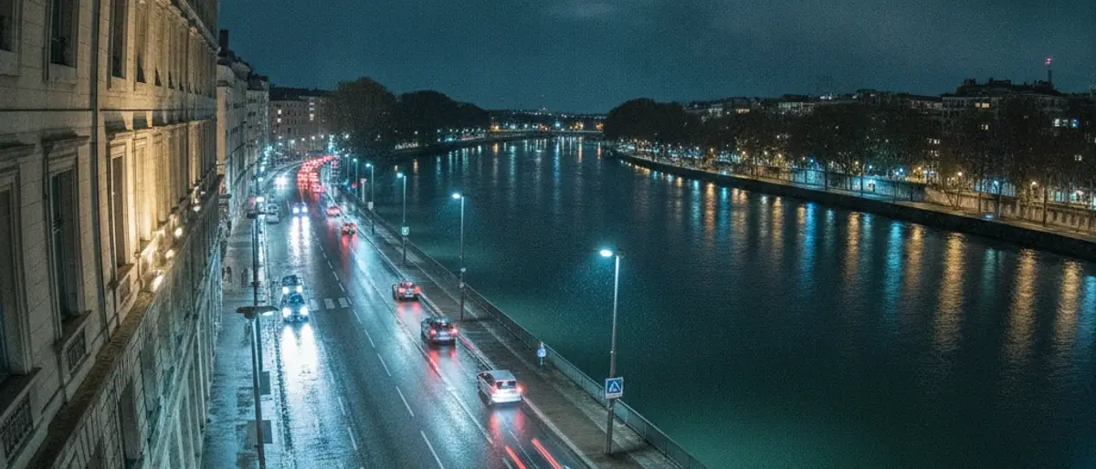 Riverside boulevard in Lyon seen from a fixed camera, evening traffic