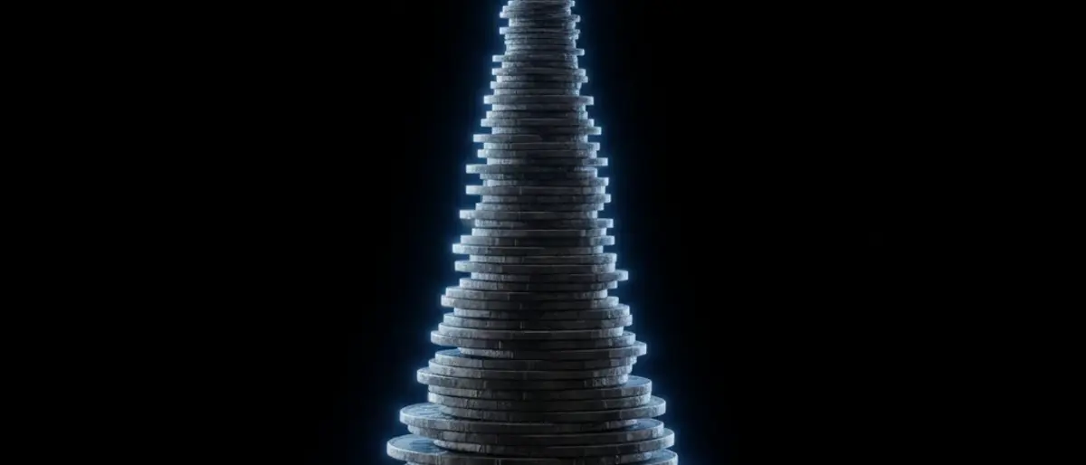 A stack of betting chips beside a round timer, illustrating a session budget divided into per-round stakes